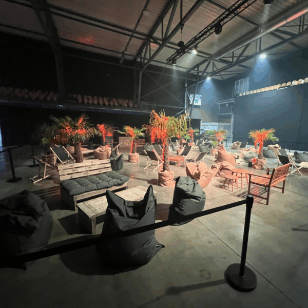 Réalisation Wex - pouf gris - palmier - transat - banc en palette - table en bois brut